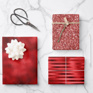 Weihnachts-Roter Glitzer Sparkle Streifen Geschenkpapier Set