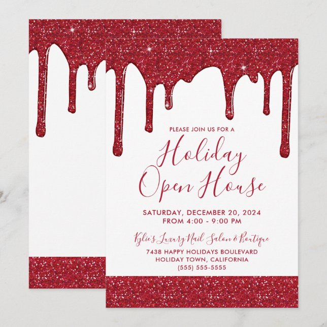 Weihnachts Roter Glitzer Tropfen Holiday Open Hous Einladung (Vorne/Hinten)
