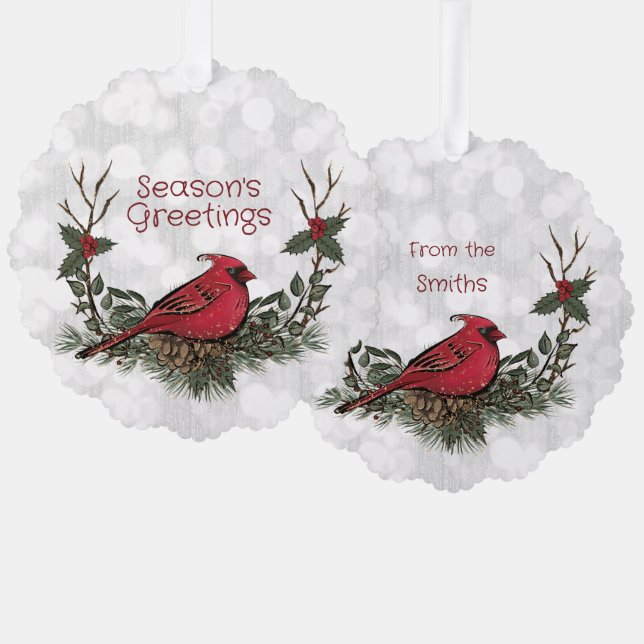 Weihnachts Roter Kardinal Kiefernkiefern Knechtens Ornament Karte (Vorderseite/Rückseite)