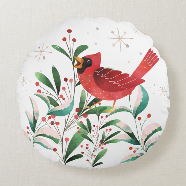 Weihnachts-Roter Kardinal mit Schnee & Holly Rundes Kissen (Vorderseite)