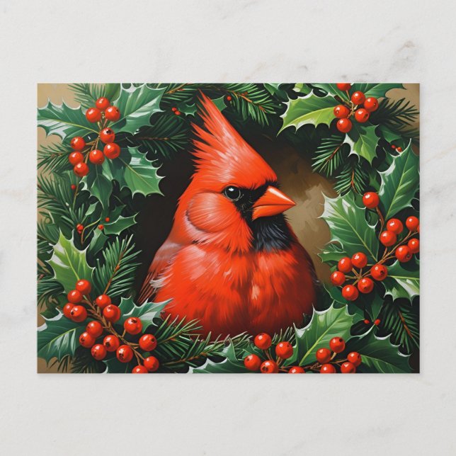 Weihnachts-Roter Kardinal und Holly Berry Wreath Postkarte (Vorderseite)