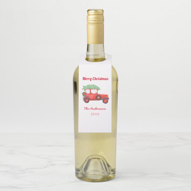 Weihnachts-Roter LKW Bauernhof Urlaub Flaschenanhänger (Auf Flasche)