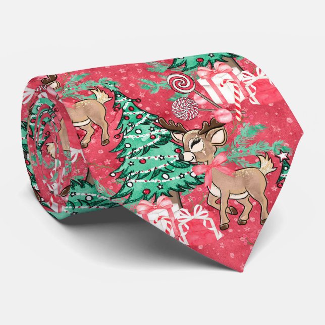 Weihnachts-Roter Rentier und Weihnachtsbaum Krawatte (Gerollt)