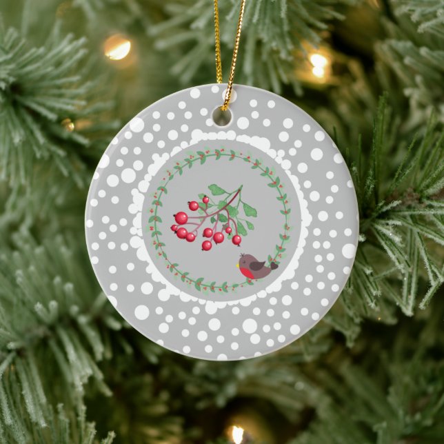 Weihnachts Roter Robin mit Kranz und Schnee Keramik Ornament (Baum)