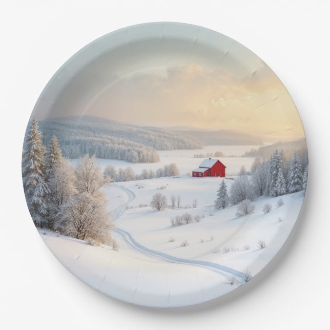 Weihnachts Roter Stall in Snowy Country Pappteller (Vorderseite)