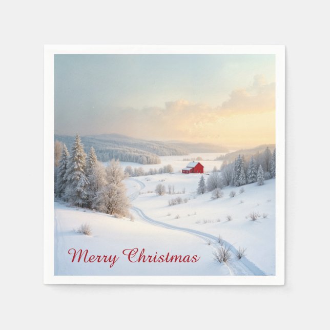 Weihnachts Roter Stall in Snowy Country Serviette (Vorderseite)