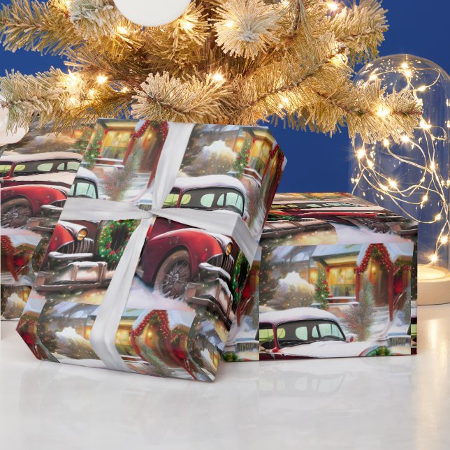 Weihnachts-Rotes Auto im Schnee Geschenkpapier (Feiertage)