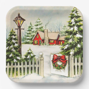 Weihnachts Rotes Haus Lattern Pine Trees Pappteller