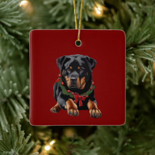Weihnachts-Rottweiler-Hund mit Girlanden-Halsband Keramikornament