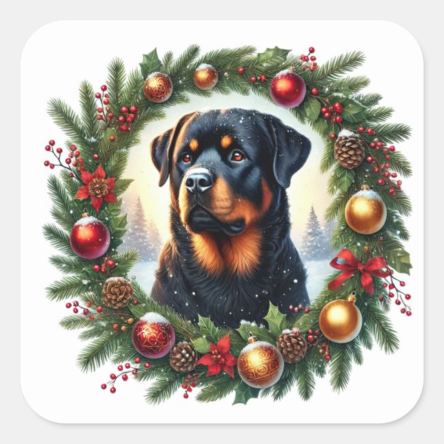 Weihnachts-Rottweiler in festlicher Dekoration Quadratischer Aufkleber (Vorderseite)