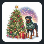 Weihnachts-Rottweiler vom Festbaum Quadratischer Aufkleber<br><div class="desc">Ein fröhlicher Rottweiler steht neben einem wunderschön dekorierten Weihnachtsbaum,  der mit bunten Ornamenten und bunten Lichtern geschmückt ist.</div>