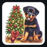 Weihnachts-Rottweiler-Welpe vom Festbaum Quadratischer Aufkleber<br><div class="desc">Ein fröhlicher Rottweiler-Welpe sitzt neben einem schön dekorierten Weihnachtsbaum,  der mit farbenfrohen Ornamenten und hellen Lichtern geschmückt ist. Diese festliche Szene erweckt die Freude an der Urlaubssaison und hebt den spielerischen Geist und den Charme des Welpen hervor.</div>