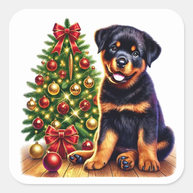 Weihnachts-Rottweiler-Welpe vom Festbaum Quadratischer Aufkleber (Vorderseite)