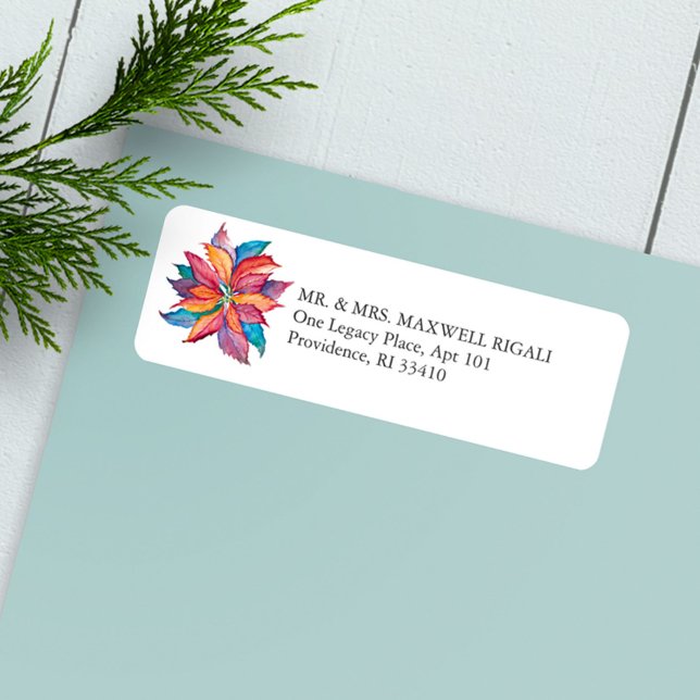 Weihnachts-Rücksendeadressen-Aufkleber farbenfroh  (Christmas return address label colorful poinsettia art )