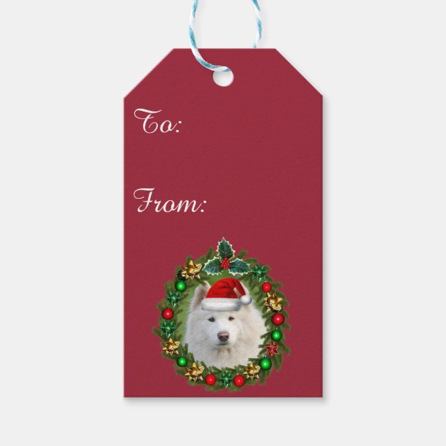 Weihnachts Samoed Hunde Geschenketiketten Geschenkanhänger (Vorderseite)