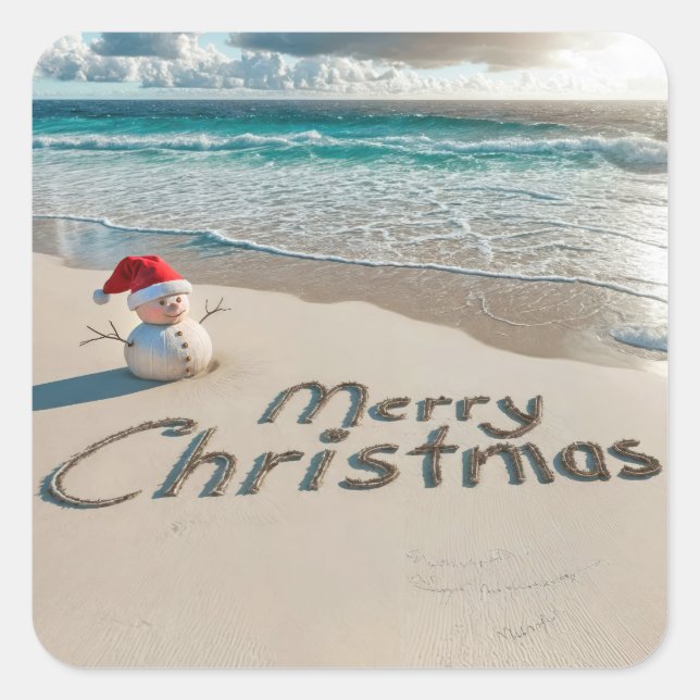 Weihnachts-Sandmann am Strand Quadratischer Aufkleber (Vorderseite)