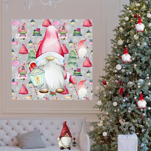 Weihnachts-Santa-Gnom & Silbermuster-Hintergrund Poster (Christmas Santa Gnome & Silver Pattern Background Poster)