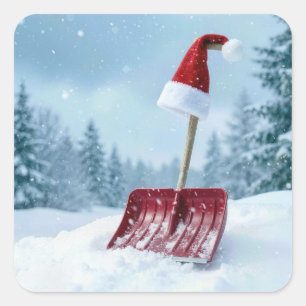 Weihnachts-Santa-Hut auf roter Schneeschaufel Quadratischer Aufkleber