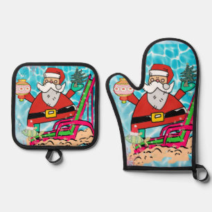 Weihnachts-Santa-Strand-Schlummerer-Ofenhandschuh Ofenhandschuh & Topflappen-Set