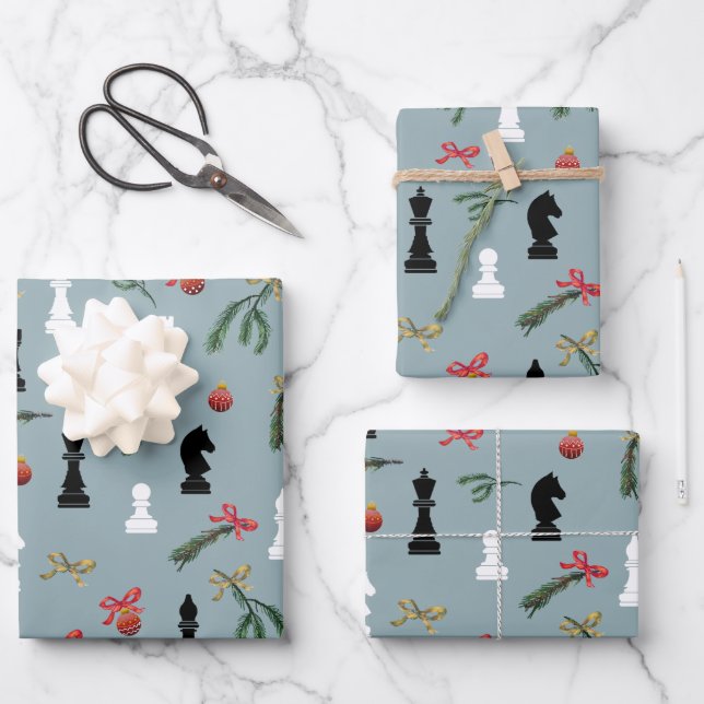 Weihnachts Schachspiel Muster Blau Geschenkpapier Set (Vorderseite)