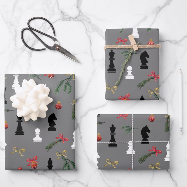 Weihnachts Schachspiel Muster Grau Geschenkpapier Set (Vorderseite)