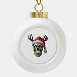 Weihnachts-Schädel mit Santa-Hut und Geweih Mystic Keramik Kugel-Ornament