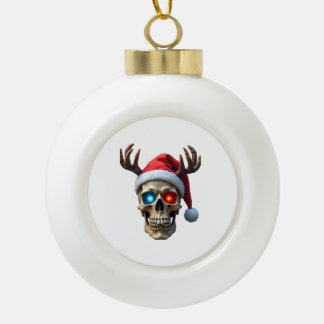 Weihnachts-Schädel mit Santa-Hut und Geweih Mystic Keramik Kugel-Ornament