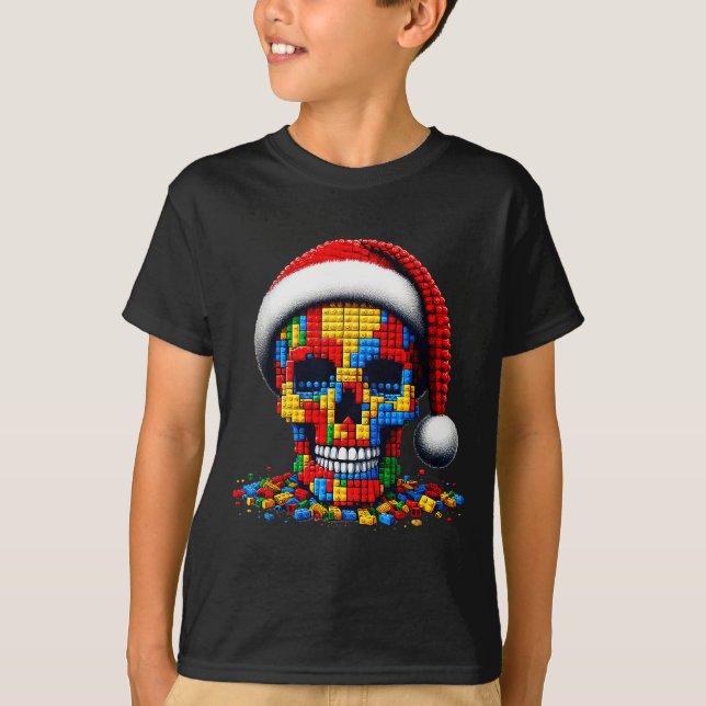 Weihnachts-Schädel-Santa-Hut-Block-Ziegel-Meister- T-Shirt (Vorderseite)