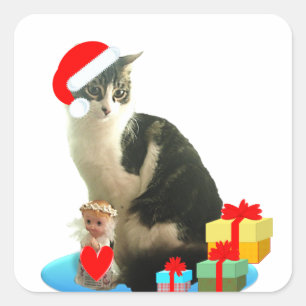 Weihnachts-Schmusekatze und süßer kleiner Engel Quadratischer Aufkleber