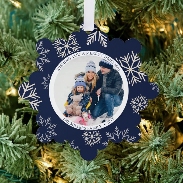 Weihnachts-Schneeflocken-blaues Foto Ornament Karte (Insitu (Baum))