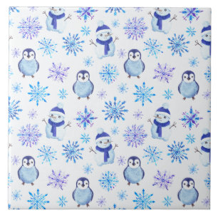 Weihnachts-Schneeflocken, Schneemänner und Pinguin Fliese