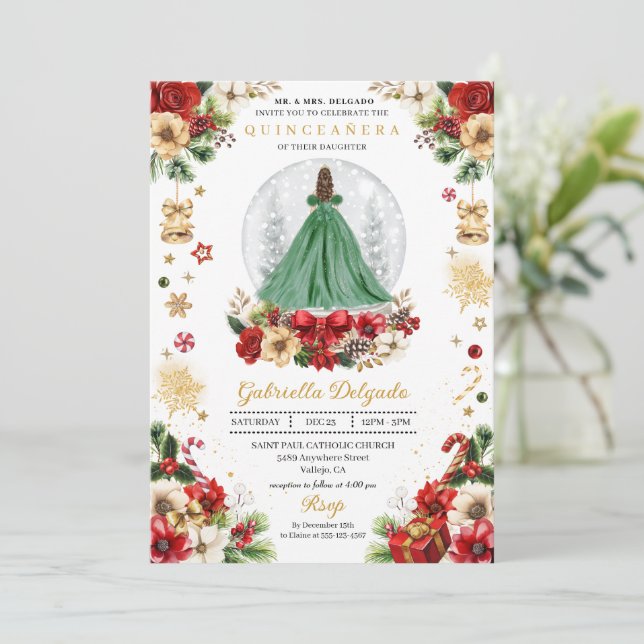 Weihnachts-Schneeglobe-Prinzessin Winter Quinceañe Einladung (Stehend Vorderseite)
