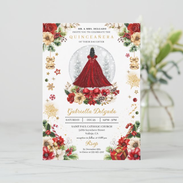 Weihnachts-Schneeglobe-Prinzessin Winter Quinceañe Einladung (Stehend Vorderseite)