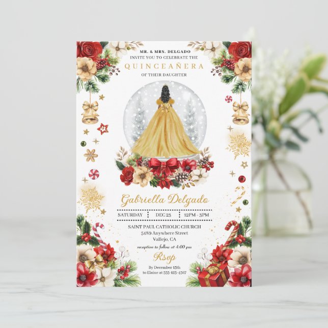Weihnachts-Schneeglobe-Prinzessin Winter Quinceañe Einladung (Stehend Vorderseite)