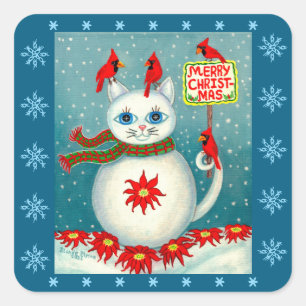 Weihnachts-Schneekatze Kardinalvogel Schneemann We Quadratischer Aufkleber