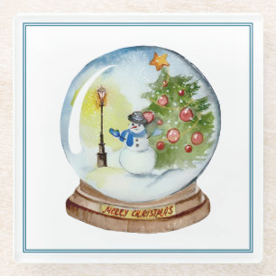 Weihnachts-Schneekugel mit Schneemann und Baum Glasuntersetzer