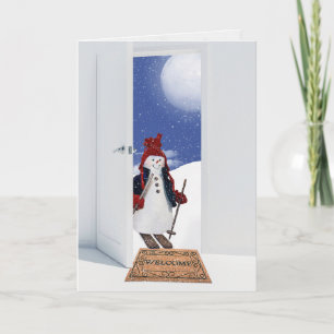 Weihnachts-Schneemann auf Skiern Feiertagskarte