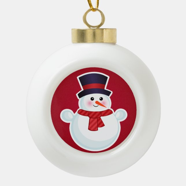 Weihnachts-Schneemann im roten Hintergrund Keramik Kugel-Ornament (Vorderseite)