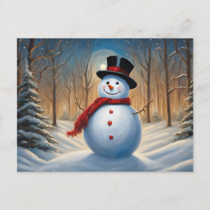 Weihnachts-Schneemann im Wald Feiertagspostkarte