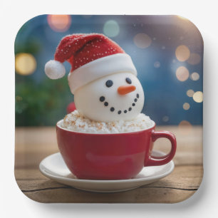 Weihnachts-Schneemann in heißer Schokolade Pappteller