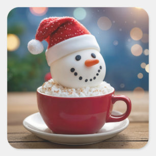 Weihnachts-Schneemann in heißer Schokolade Quadratischer Aufkleber