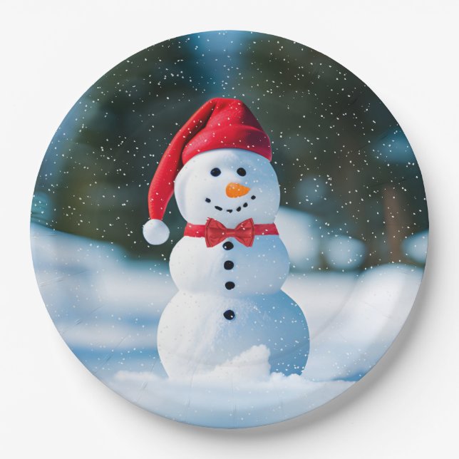 Weihnachts-Schneemann in Schneeflocken Pappteller (Vorderseite)