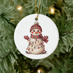 Weihnachts-Schneemann-Karierter Hut Schal Lichter Keramik Ornament