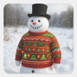 Weihnachts-Schneemann mit einem hässlichen Pullove Quadratischer Aufkleber