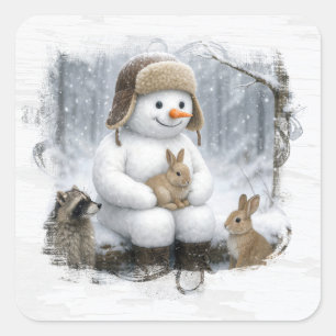 Weihnachts-Schneemann mit Freunden im Winterwald Quadratischer Aufkleber