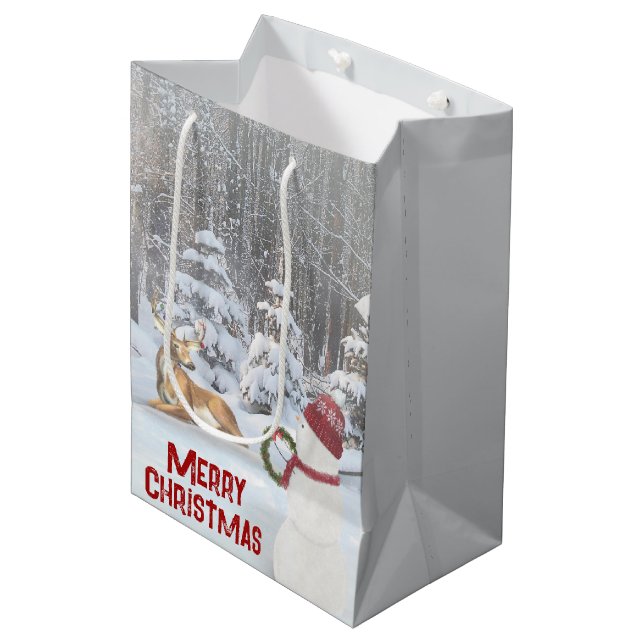 Weihnachts-Schneemann mit Hirsch Mittlere Geschenktüte (Vorderseite Schrägansicht)