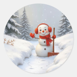 Weihnachts-Schneemann mit roter Schaufel Runder Aufkleber
