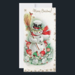 Weihnachts-Schneemann-Tänze mit Engeln Feiertagskarte<br><div class="desc">Niedlicher Retro Weihnachtsschneemann tanzt mit Engeln in der Schneeschuhkarte.</div>