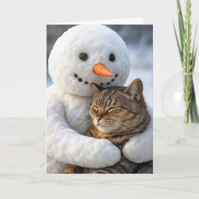 Weihnachts-Schneemann umarmt eine Tabby-Katze Karte (Vorderseite)