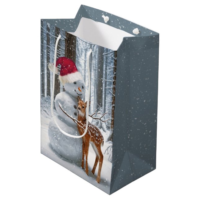 Weihnachts-Schneemann umarmt einen Vater Mittlere Geschenktüte (Vorderseite Schrägansicht)